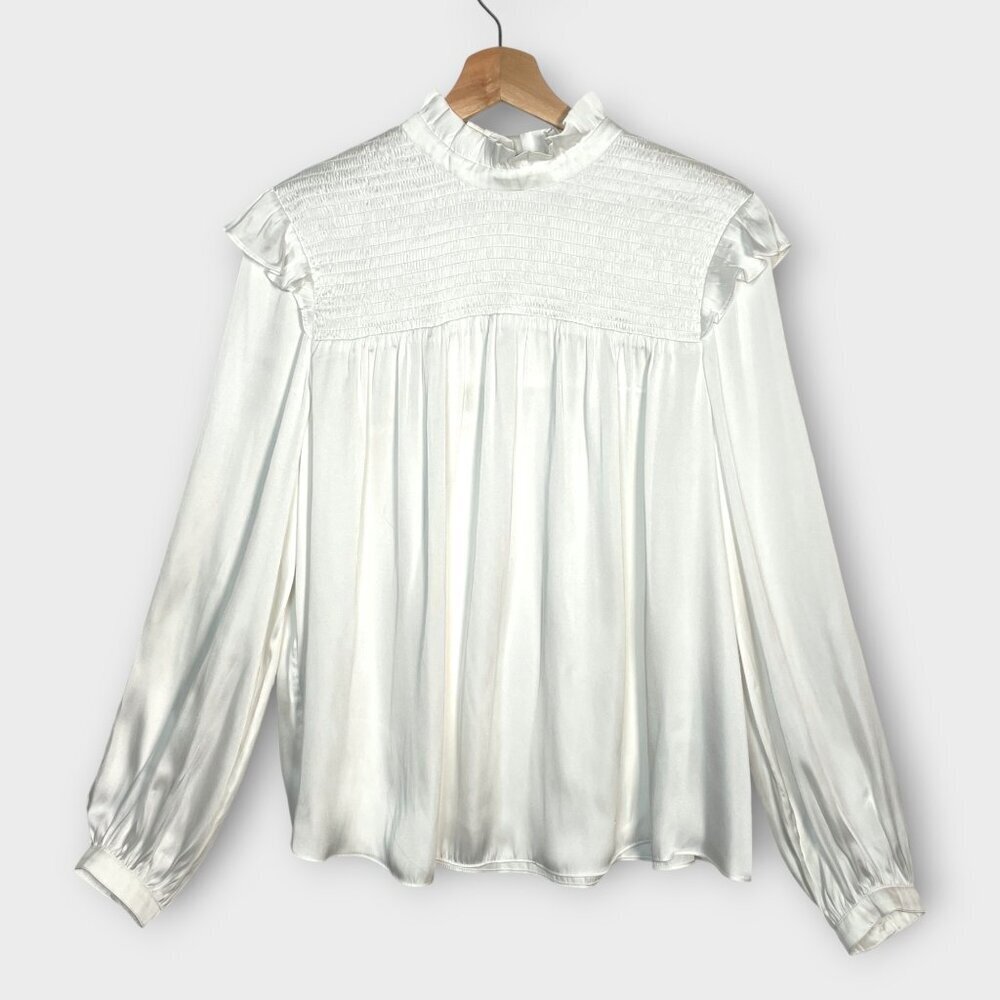 🦜 The Kooples Ruffle Top Sz 3 (M/L) White Satin *SMALL FLAW* See Notes